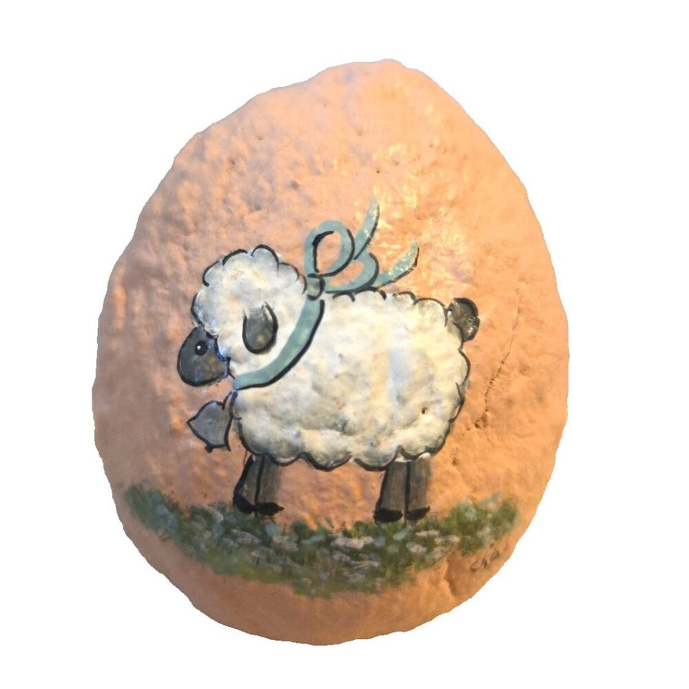 Peach Colored Paper Mache Egg Lamb Sheep Hand Made Easter Decor Signed OOAK